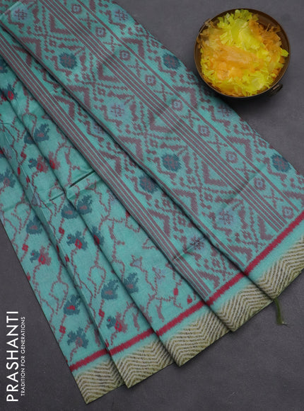 Semi sambalpuri silk saree teal shade with allover ikat weaves and simple border