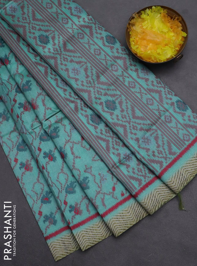 Semi sambalpuri silk saree teal shade with allover ikat weaves and simple border