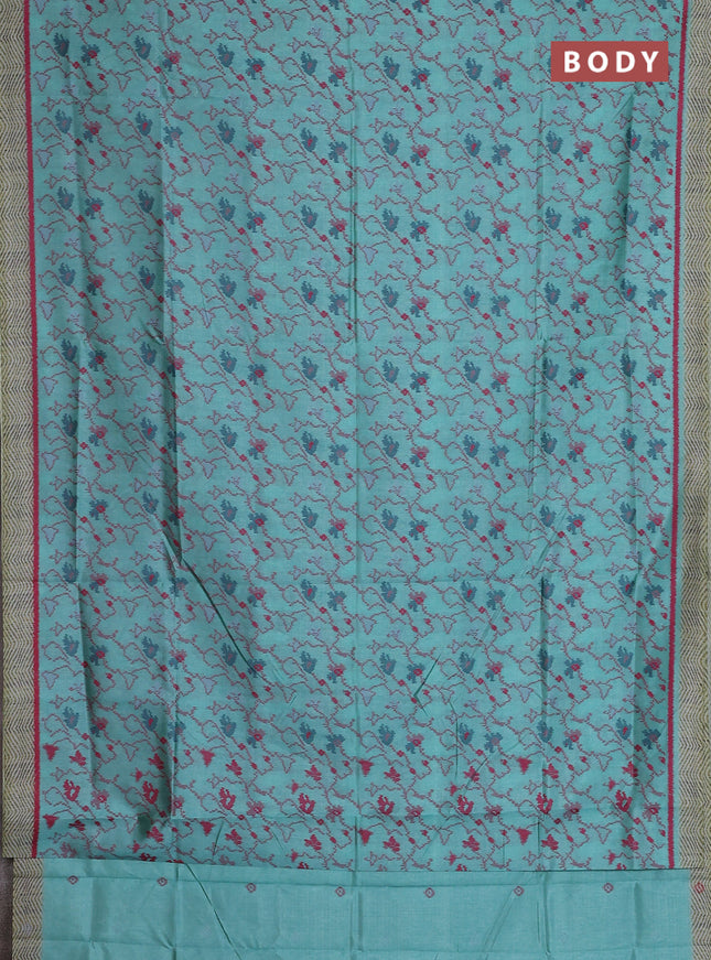 Semi sambalpuri silk saree teal shade with allover ikat weaves and simple border