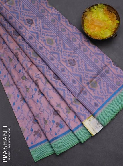 Semi sambalpuri silk saree pastel peacg and light green blue with allover ikat weaves and simple border
