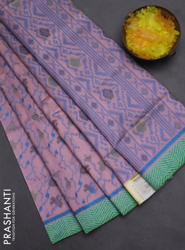Semi sambalpuri silk saree pastel peacg and light green blue with allover ikat weaves and simple border