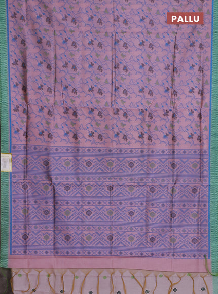 Semi sambalpuri silk saree pastel peacg and light green blue with allover ikat weaves and simple border