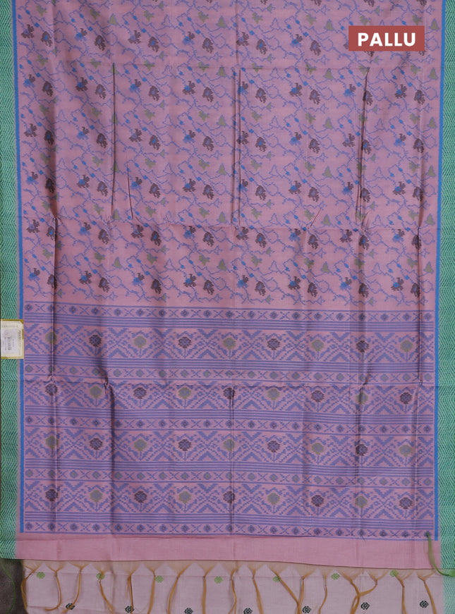 Semi sambalpuri silk saree pastel peacg and light green blue with allover ikat weaves and simple border