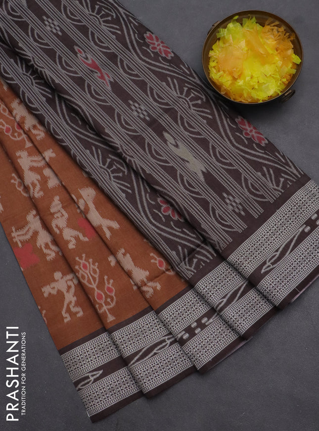 Semi sambalpuri silk saree brown and coffee brown with allover warli ikat weaves and thread woven border