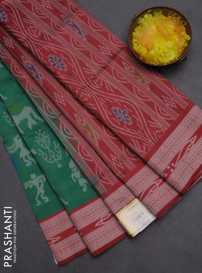 Semi sambalpuri silk saree green and maroon with allover warli ikat weaves and thread woven border