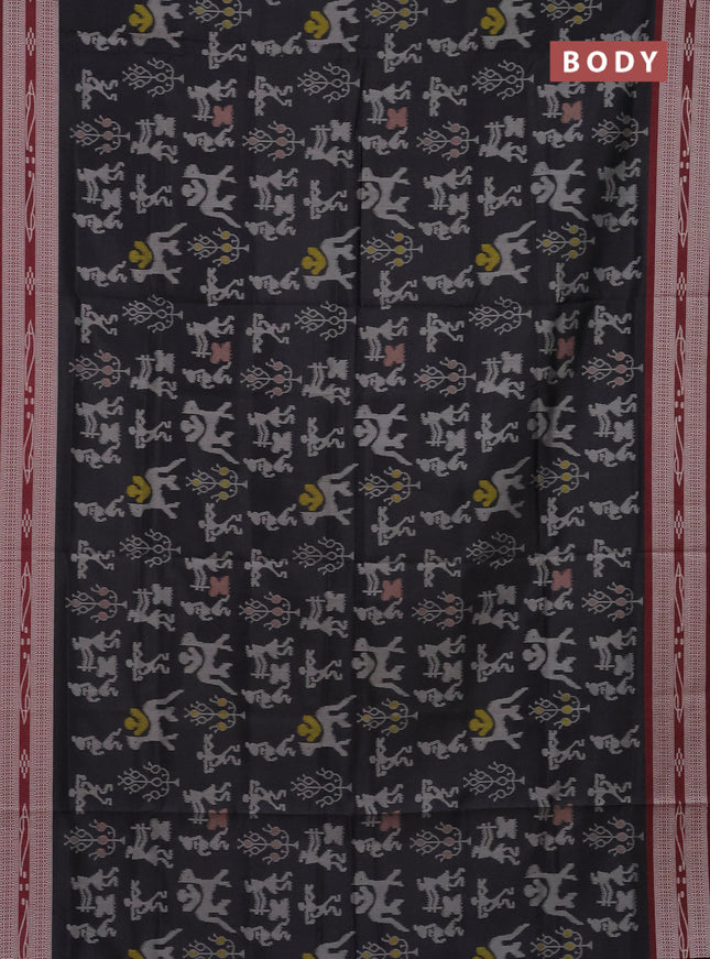 Semi sambalpuri silk saree black and deep maroon with allover warli ikat weaves and thread woven border