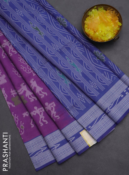 Semi sambalpuri silk saree purple and blue shade with allover warli ikat weaves and thread woven border