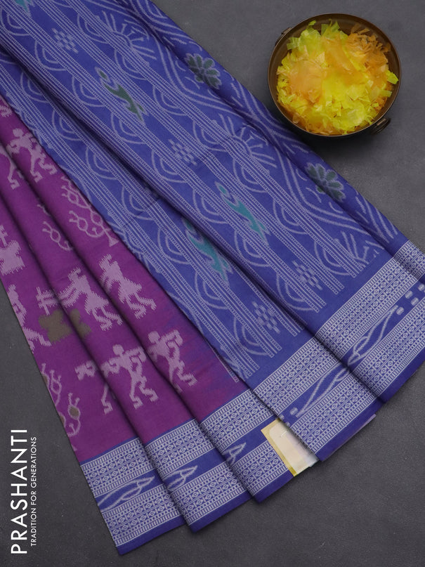Semi sambalpuri silk saree purple and blue shade with allover warli ikat weaves and thread woven border