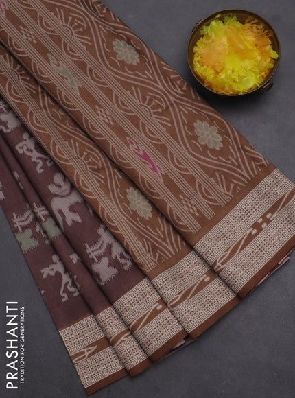 Semi sambalpuri silk saree coffee brown and brown with allover warli ikat weaves and thread woven border