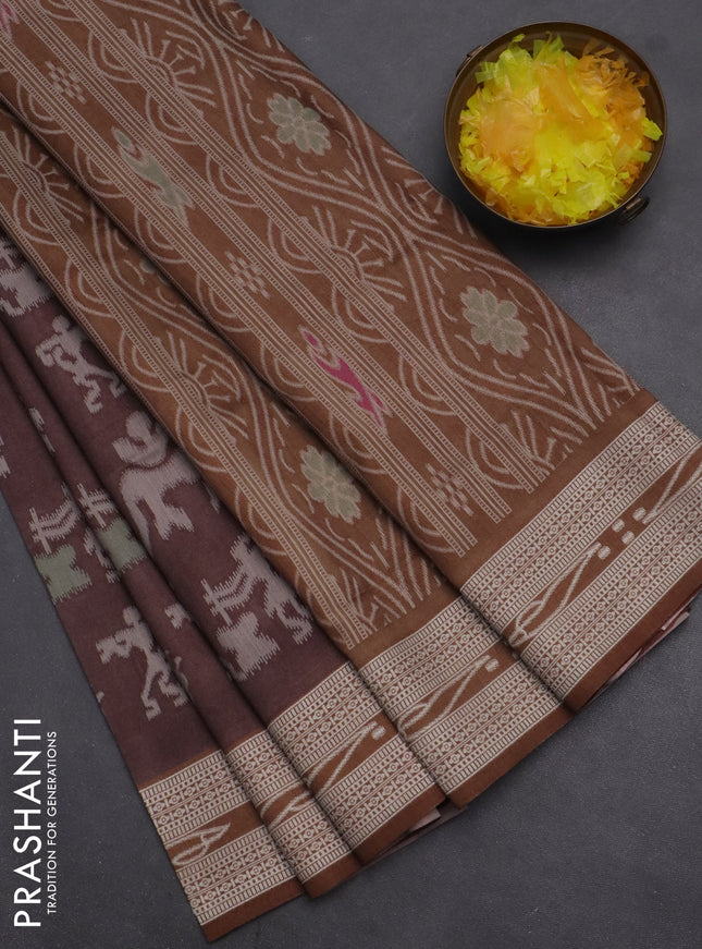 Semi sambalpuri silk saree coffee brown and brown with allover warli ikat weaves and thread woven border