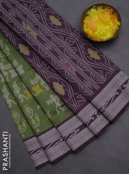 Semi sambalpuri silk saree sap green and wine shade with allover warli ikat weaves and thread woven border