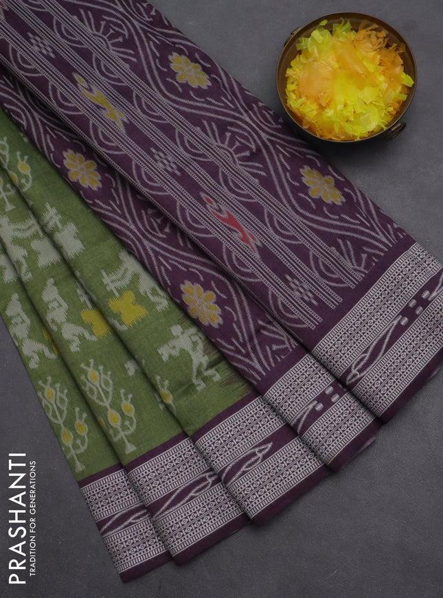 Semi sambalpuri silk saree sap green and wine shade with allover warli ikat weaves and thread woven border