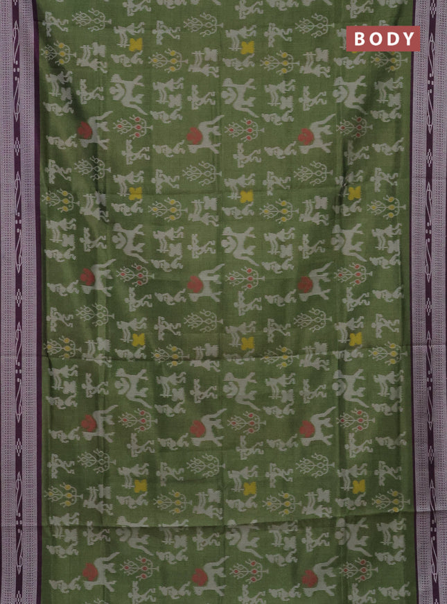 Semi sambalpuri silk saree sap green and wine shade with allover warli ikat weaves and thread woven border