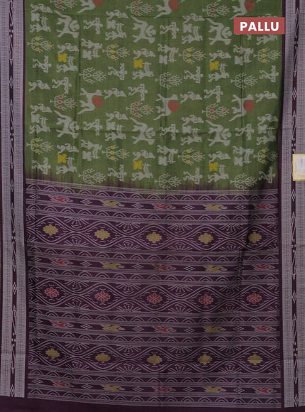 Semi sambalpuri silk saree sap green and wine shade with allover warli ikat weaves and thread woven border