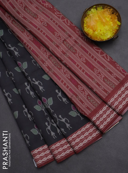 Semi sambalpuri silk saree black and deep maroon with allover ikat weaves and thread woven border