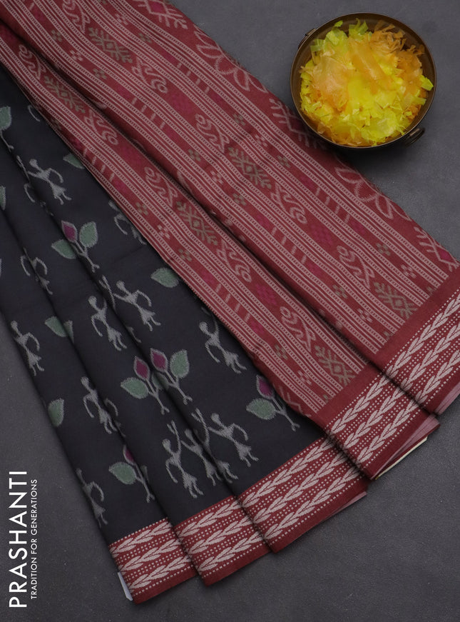 Semi sambalpuri silk saree black and deep maroon with allover ikat weaves and thread woven border