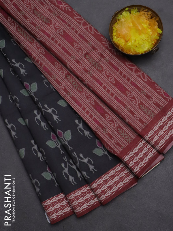 Semi sambalpuri silk saree black and deep maroon with allover ikat weaves and thread woven border