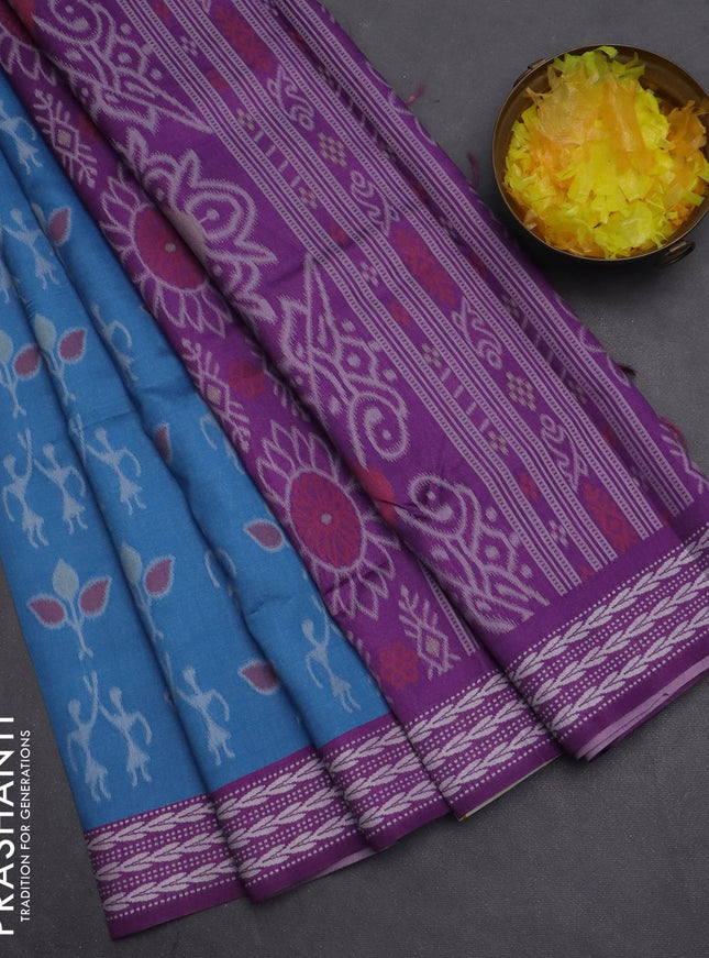 Semi sambalpuri silk saree blue and purple with allover ikat weaves and thread woven border