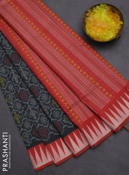 Semi sambalpuri silk saree elephant grey and red with allover ikat weaves and thread woven border
