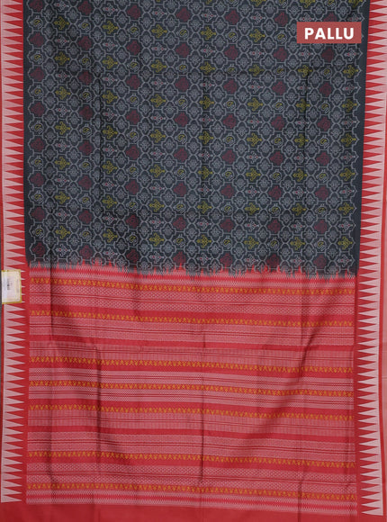 Semi sambalpuri silk saree elephant grey and red with allover ikat weaves and thread woven border