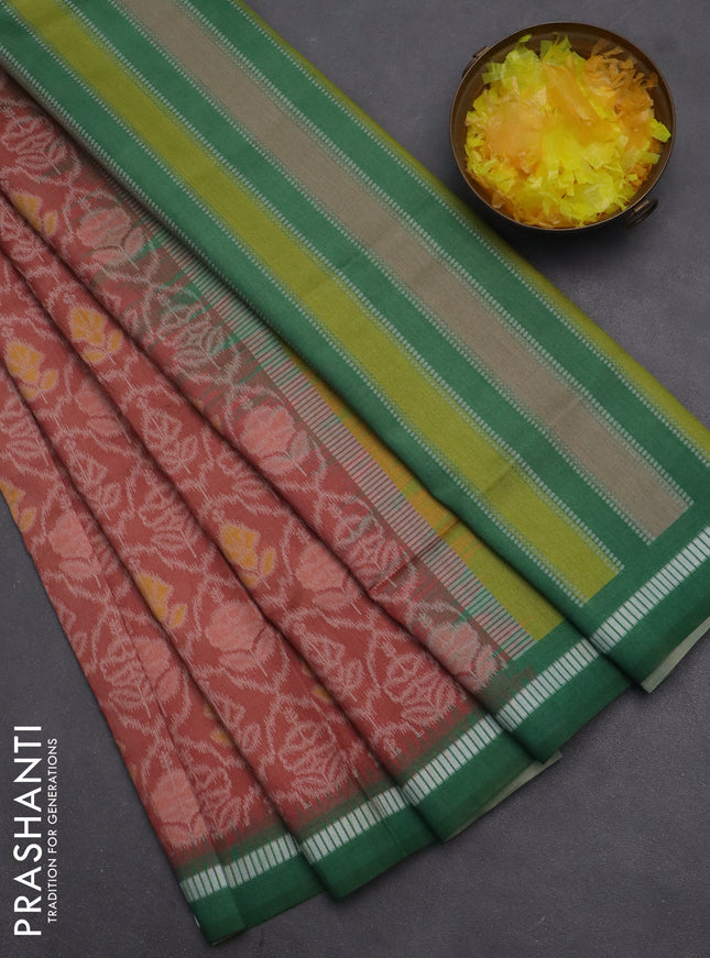 Semi sambalpuri silk saree rust shade and green with allover ikat weaves and thread woven border