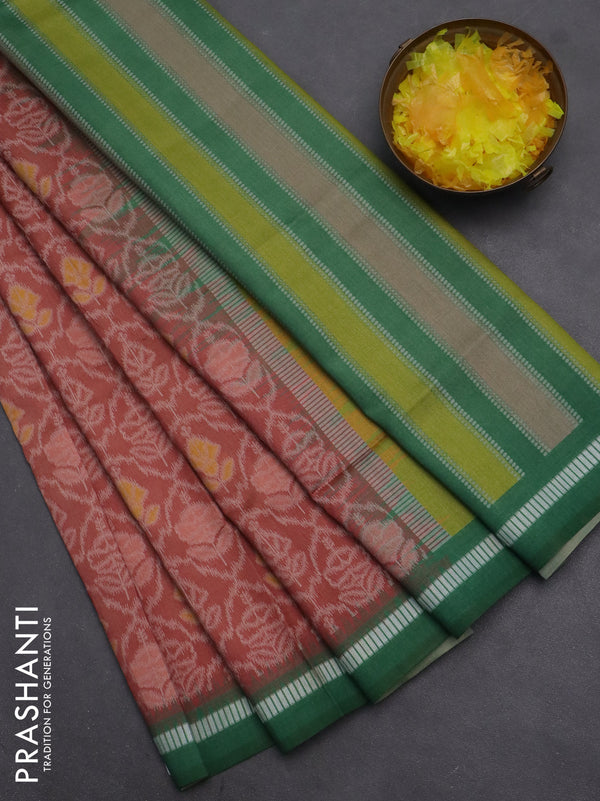 Semi sambalpuri silk saree rust shade and green with allover ikat weaves and thread woven border