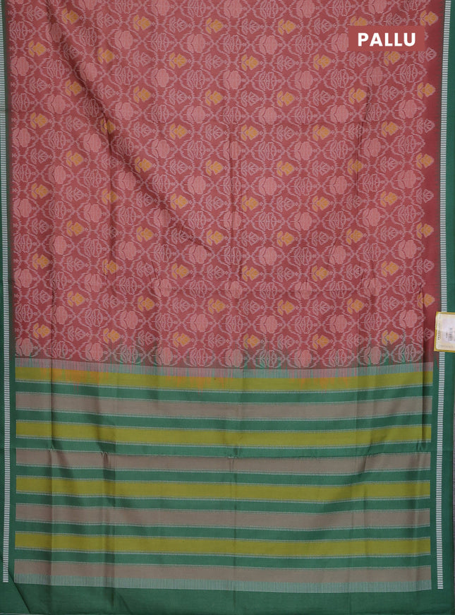 Semi sambalpuri silk saree rust shade and green with allover ikat weaves and thread woven border