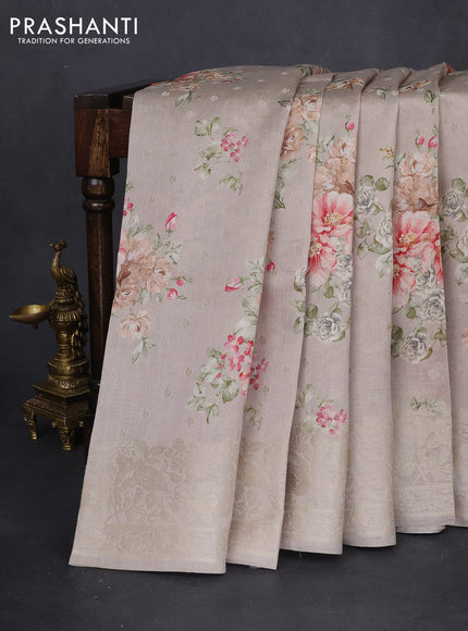 Chiniya silk saree grey shade with allover zari buttas & floral digital prints and zari woven border