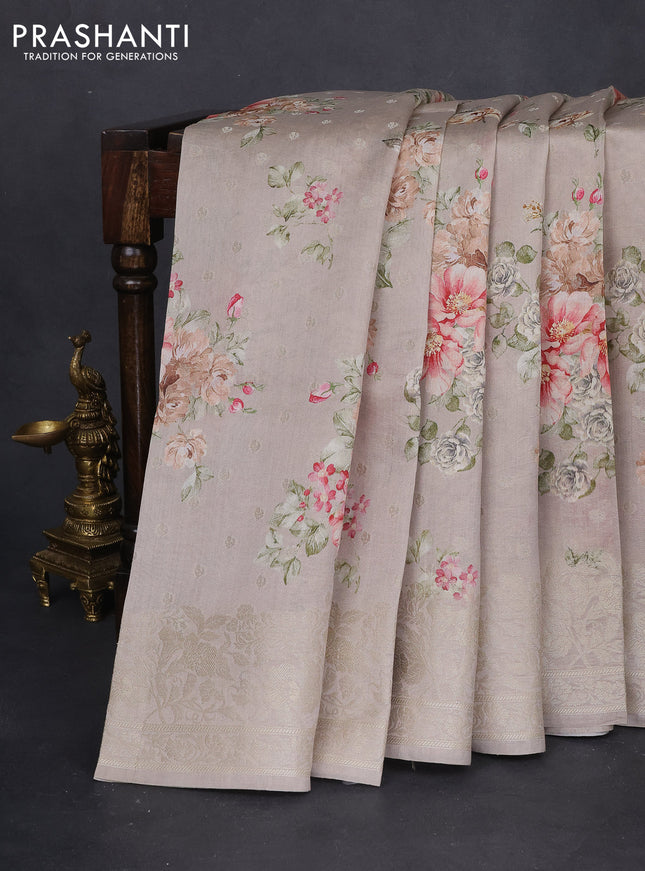 Chiniya silk saree grey shade with allover zari buttas & floral digital prints and zari woven border