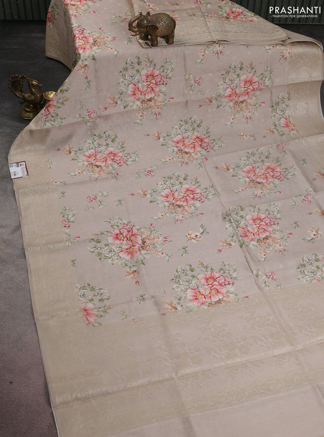 Chiniya silk saree grey shade with allover zari buttas & floral digital prints and zari woven border