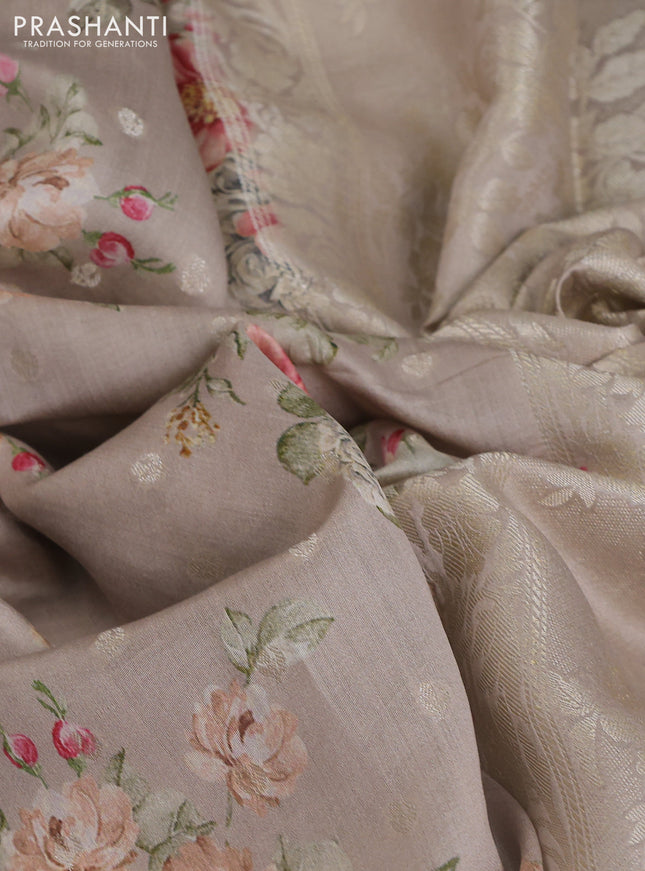 Chiniya silk saree grey shade with allover zari buttas & floral digital prints and zari woven border