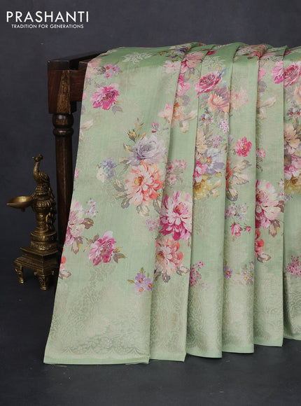 Chiniya silk saree pastel green with allover silver zari buttas & floral digital prints and zari woven border