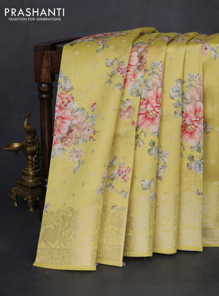 Chiniya silk saree lime yellow with allover silver zari buttas & floral digital prints and zari woven border