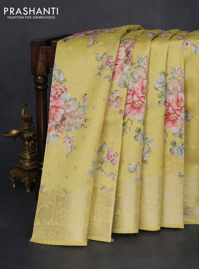 Chiniya silk saree lime yellow with allover silver zari buttas & floral digital prints and zari woven border