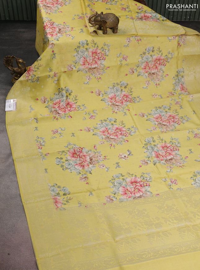Chiniya silk saree lime yellow with allover silver zari buttas & floral digital prints and zari woven border