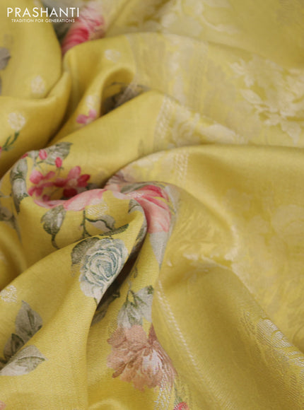 Chiniya silk saree lime yellow with allover silver zari buttas & floral digital prints and zari woven border
