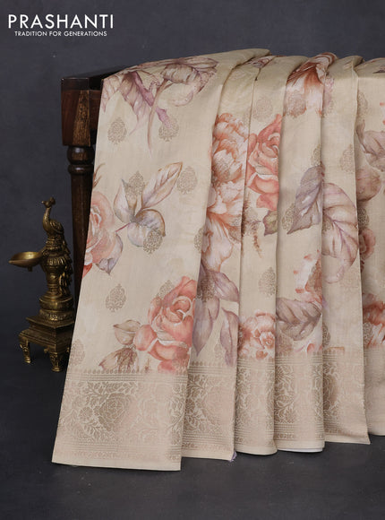 Chiniya silk saree beige with allover zari buttas & floral digital prints and zari woven border