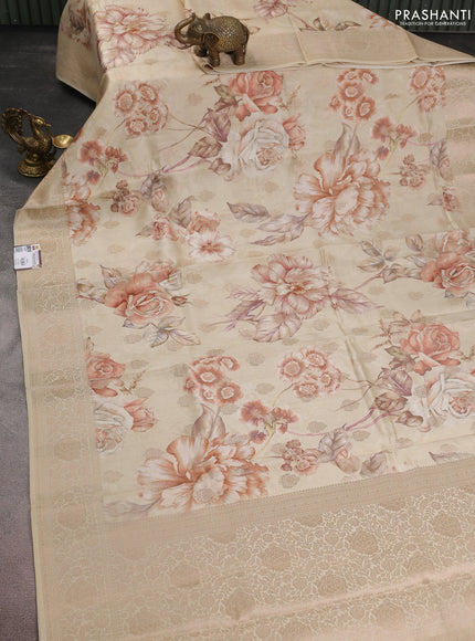 Chiniya silk saree beige with allover zari buttas & floral digital prints and zari woven border