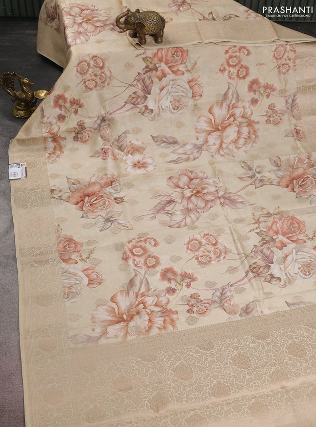 Chiniya silk saree beige with allover zari buttas & floral digital prints and zari woven border
