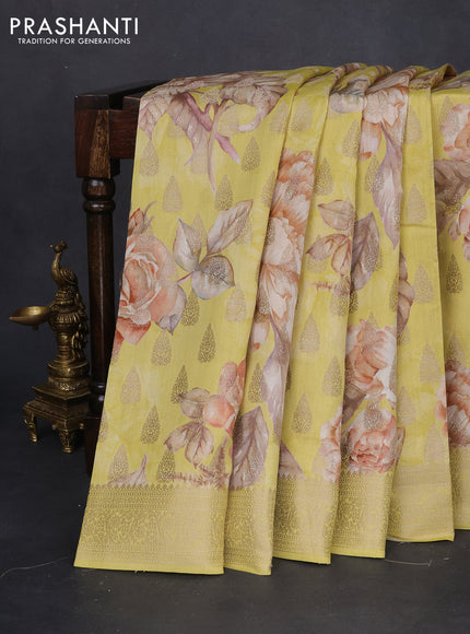 Chiniya silk saree lime yellow with allover zari buttas & floral digital prints and zari woven border