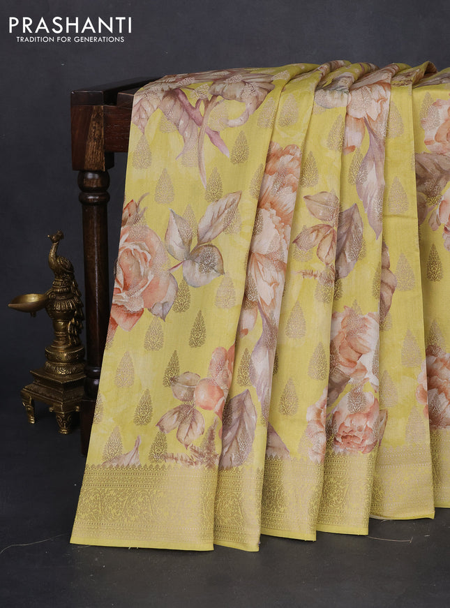 Chiniya silk saree lime yellow with allover zari buttas & floral digital prints and zari woven border
