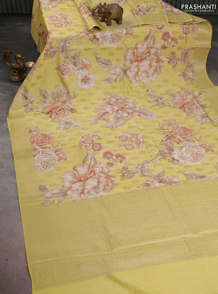 Chiniya silk saree lime yellow with allover zari buttas & floral digital prints and zari woven border