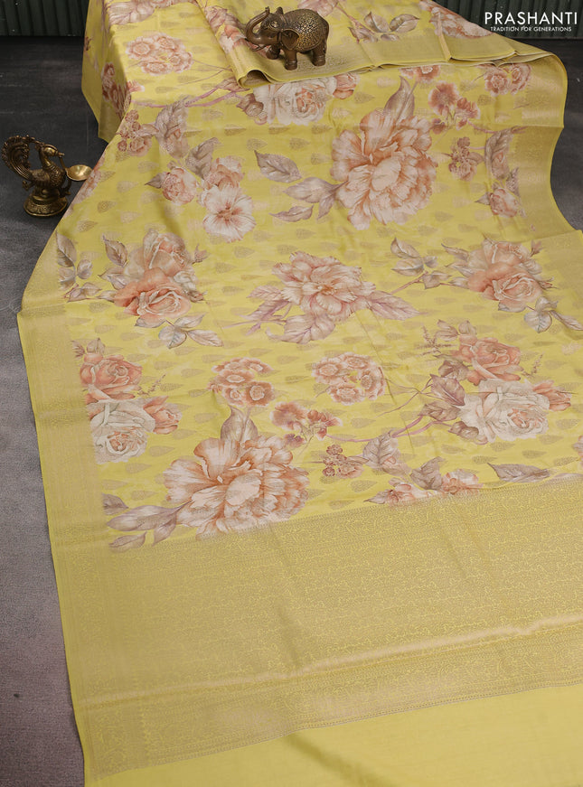 Chiniya silk saree lime yellow with allover zari buttas & floral digital prints and zari woven border