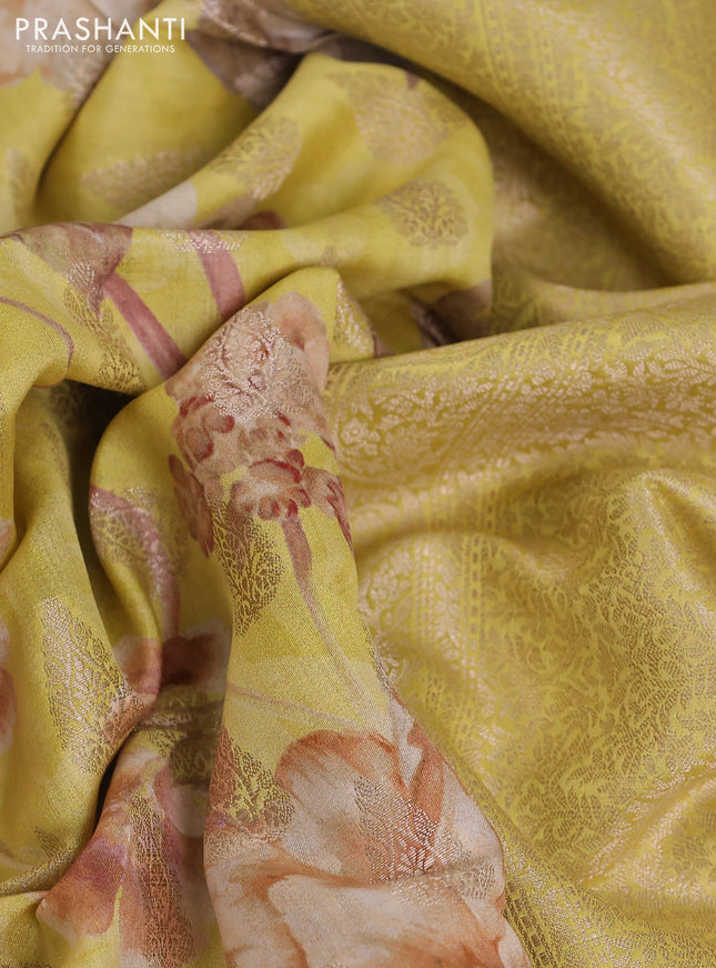 Chiniya silk saree lime yellow with allover zari buttas & floral digital prints and zari woven border