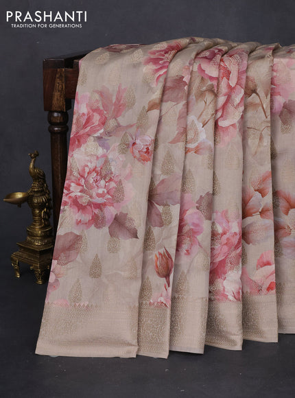 Chiniya silk saree beige with allover zari buttas & floral digital prints and woven border