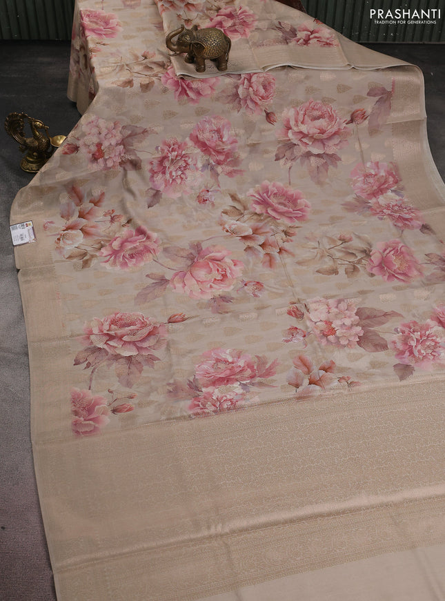 Chiniya silk saree beige with allover zari buttas & floral digital prints and woven border