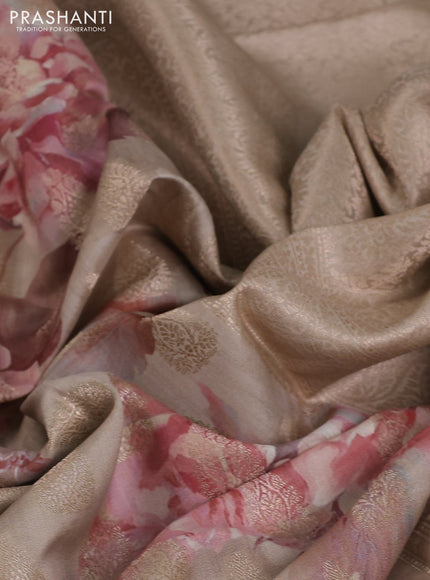 Chiniya silk saree beige with allover zari buttas & floral digital prints and woven border
