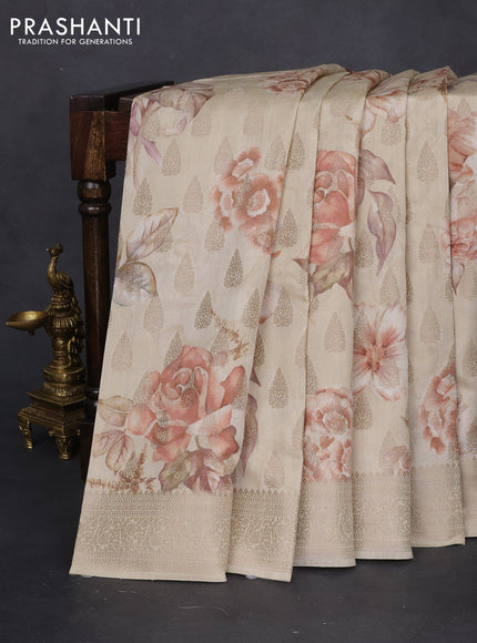 Chiniya silk saree cream with allover zari buttas & floral digital prints and woven border
