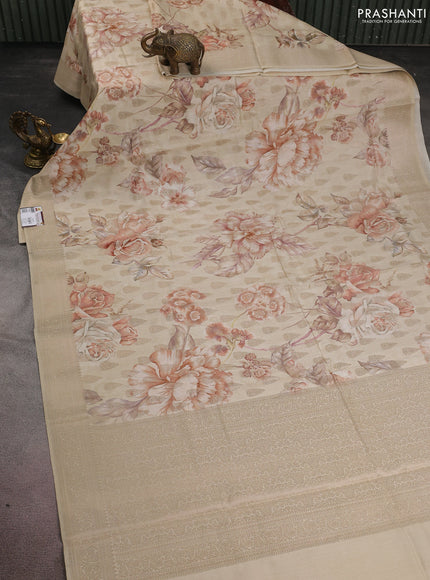 Chiniya silk saree cream with allover zari buttas & floral digital prints and woven border