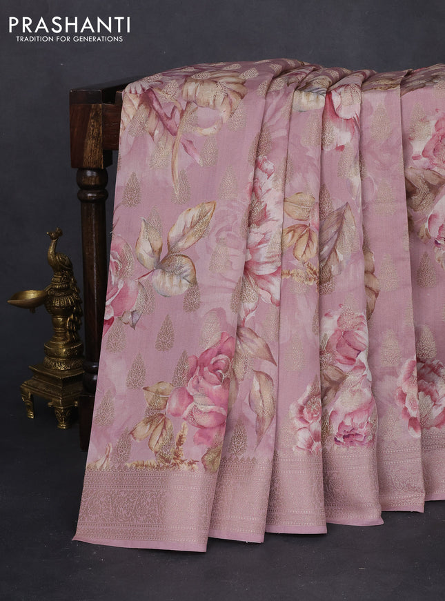 Chiniya silk saree pastel pink with allover zari buttas & floral digital prints and woven border